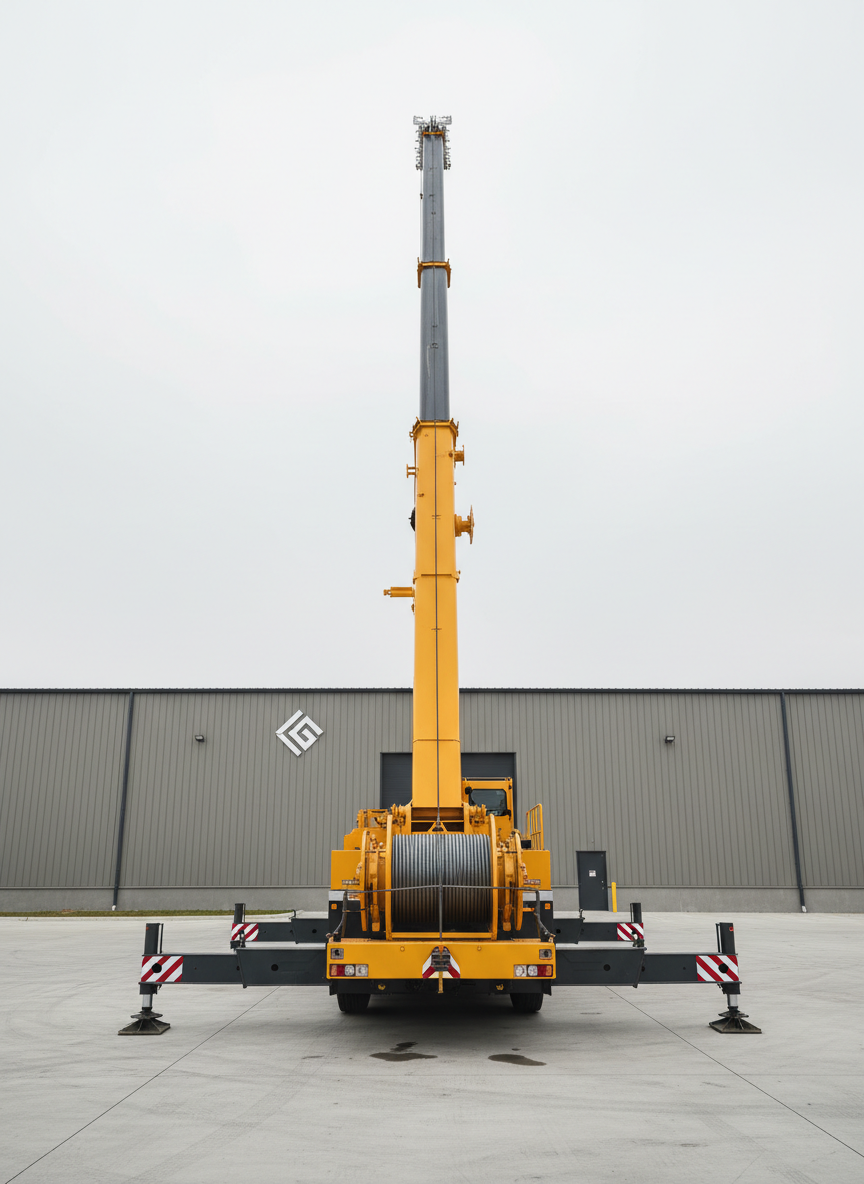 A heavy-duty yellow mobile crane with an extended telescopic boom, articulated outriggers firmly planted on a clean concrete yard, and precision-engineered steel cables neatly spooled on the winch drum. The crane is positioned in front of a modern industrial warehouse with neutral gray cladding and minimal signage. Soft overcast daylight creates even, diffused illumination, highlighting the crane’s contours and subtle reflections on its painted surfaces while casting gentle, controlled shadows beneath. Captured at eye level with a balanced, centered composition and sharp focus throughout, the scene feels stable, professional, and meticulously organized. The photographic realism and clean corporate aesthetic emphasize reliability, safety, and technical excellence in lifting operations.