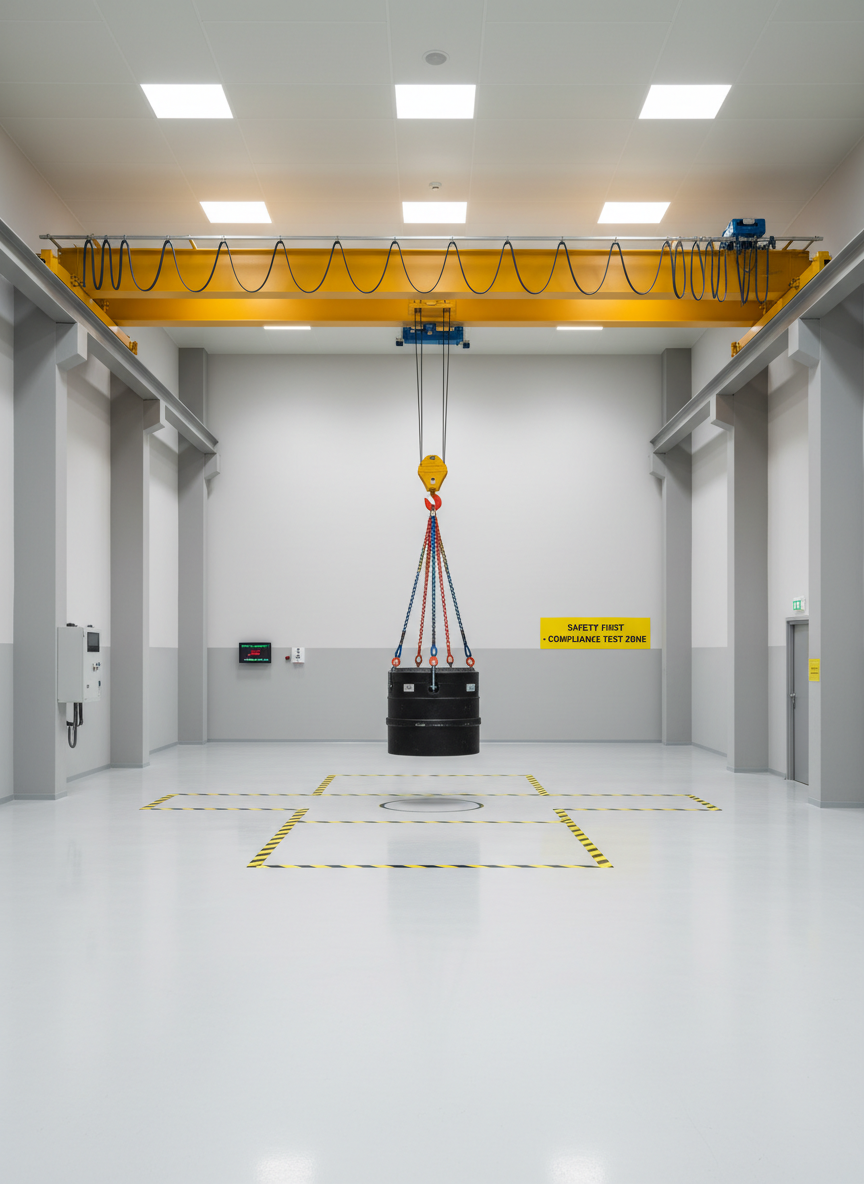An orderly indoor lifting test bay with a robust overhead gantry crane spanning the width of the room, its bright yellow beam contrasting against smooth light-gray walls and a flawlessly sealed concrete floor. A calibrated load test weight hangs from the crane hook using color-coded chains and slings, aligned precisely over a marked test area. Diffused industrial LED lighting from the ceiling provides even, shadow-minimized illumination that emphasizes structural lines and surfaces. Captured from a wide-angle, slightly elevated perspective, the composition uses strong horizontal and vertical lines to create a structured, balanced layout. The atmosphere is controlled, engineered, and safety-focused, with photographic realism and a clean corporate aesthetic that highlights rigorous testing and compliance in lifting operations.
