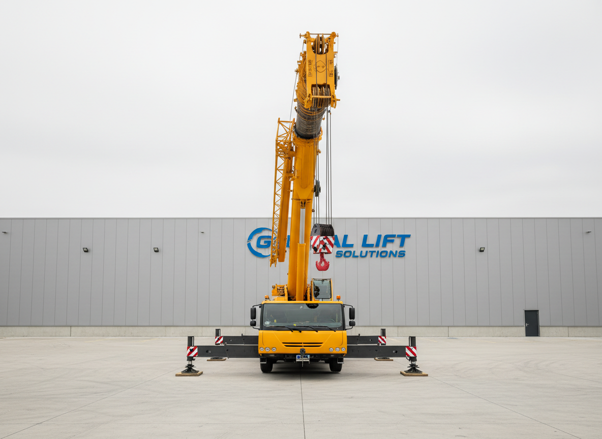 A heavy-duty yellow mobile crane with an extended telescopic boom, articulated outriggers firmly planted on a clean concrete yard, and precision-engineered steel cables neatly spooled on the winch drum. The crane is positioned in front of a modern industrial warehouse with neutral gray cladding and minimal signage. Soft overcast daylight creates even, diffused illumination, highlighting the crane’s contours and subtle reflections on its painted surfaces while casting gentle, controlled shadows beneath. Captured at eye level with a balanced, centered composition and sharp focus throughout, the scene feels stable, professional, and meticulously organized. The photographic realism and clean corporate aesthetic emphasize reliability, safety, and technical excellence in lifting operations.