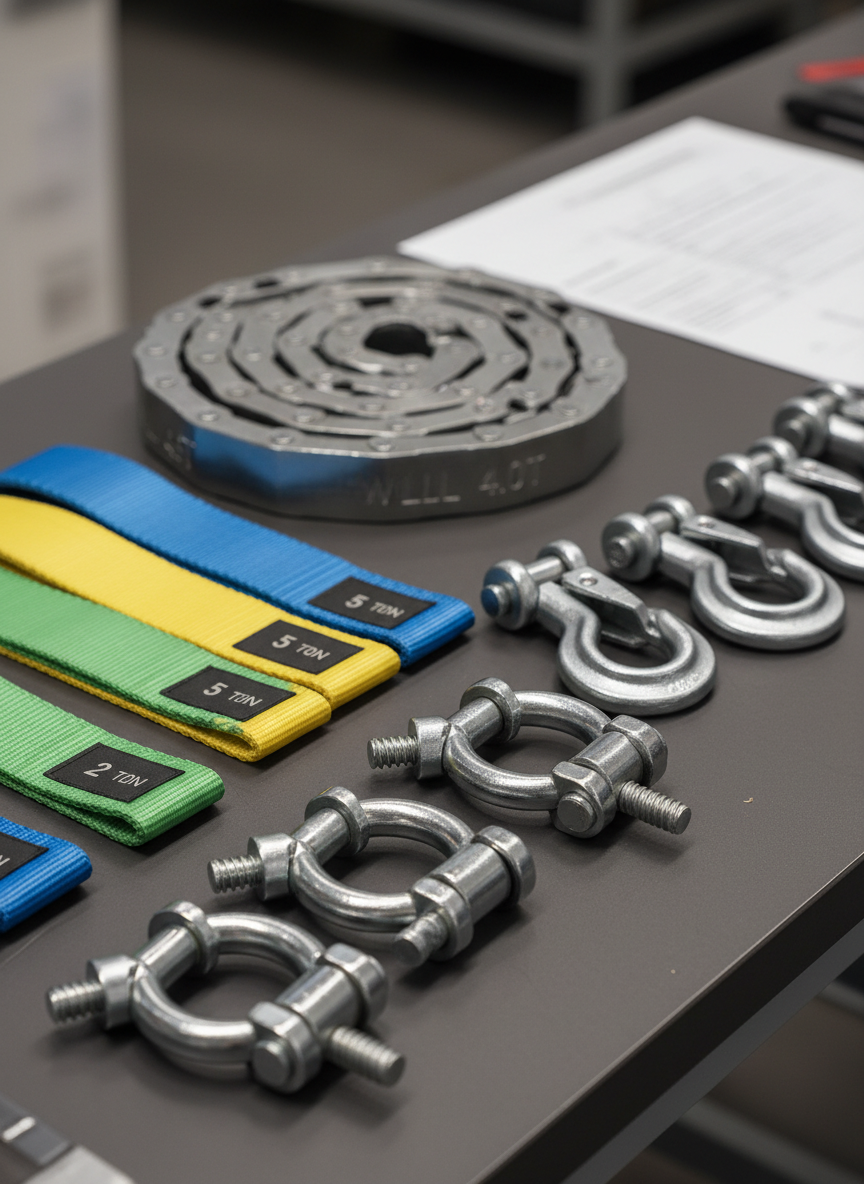A close-up of a meticulously arranged selection of lifting equipment laid out on a matte dark-gray workbench: polished steel shackles, color-coded synthetic slings, precision-machined hooks, and certified lifting chains with clearly stamped load ratings. Each item has crisp edges and refined textures, from the subtle weave of the webbing to the brushed metal of the hardware. Neutral studio lighting from above creates soft highlights and controlled micro-shadows that define every component without harsh contrast. Shot from a slightly elevated angle using shallow depth of field, the foreground elements are in tack-sharp focus while the background softly blurs. The mood is clinical, technical, and highly professional, conveying quality, compliance, and attention to safety-critical detail with a clean, modern photographic aesthetic.