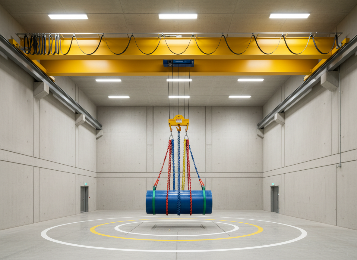 An orderly indoor lifting test bay with a robust overhead gantry crane spanning the width of the room, its bright yellow beam contrasting against smooth light-gray walls and a flawlessly sealed concrete floor. A calibrated load test weight hangs from the crane hook using color-coded chains and slings, aligned precisely over a marked test area. Diffused industrial LED lighting from the ceiling provides even, shadow-minimized illumination that emphasizes structural lines and surfaces. Captured from a wide-angle, slightly elevated perspective, the composition uses strong horizontal and vertical lines to create a structured, balanced layout. The atmosphere is controlled, engineered, and safety-focused, with photographic realism and a clean corporate aesthetic that highlights rigorous testing and compliance in lifting operations.