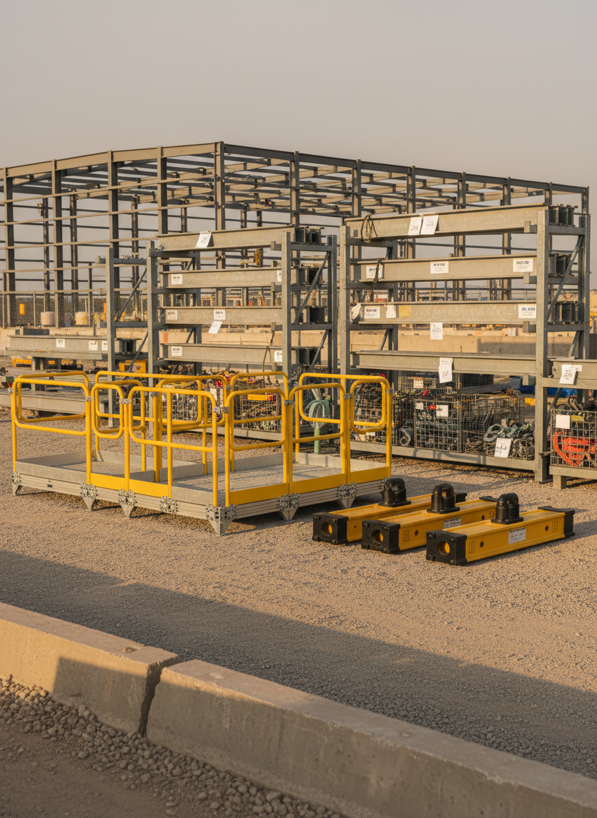 A neatly arranged construction site materials laydown area showcasing specialized access and lifting solutions: modular aluminum access platforms, compact spreader beams stacked in parallel, and labeled storage racks holding lifting beams and attachments. The surface is level compacted gravel bordered by temporary concrete barriers, with a partially constructed steel frame building in the distant, softly blurred background. Late afternoon neutral-toned daylight provides soft, angled illumination that creates subtle, elongated shadows and emphasizes the geometry of each component. Shot from a slightly elevated three-quarter angle, the composition follows the rule of thirds, using the repeating linear forms to convey order and planning. The mood is organized, efficient, and methodical, with a clean, photographic corporate style that underscores safe, well-managed lifting logistics.