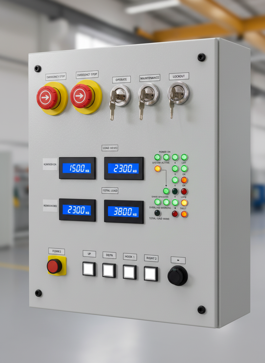 An intricate control panel for a modern lifting system mounted on a pristine light-gray enclosure, featuring clearly labeled emergency stop buttons, keyed switches, digital load indicators, and status LEDs arranged in a logical, ergonomic layout. The panel surface has a fine-textured matte finish that minimizes glare. Soft, directional studio lighting from the upper left creates delicate highlights on the bezels and buttons while maintaining legible labels and minimal reflections. Captured in close-up at a straight-on angle, the composition is tightly framed to emphasize clarity, precision, and engineered simplicity. The background falls into a gentle blur, keeping focus on the interface details. The atmosphere is calm, controlled, and highly professional, rendered in sharp photographic realism with a clean, neutral-toned corporate aesthetic that communicates safety, control, and advanced lifting technology.