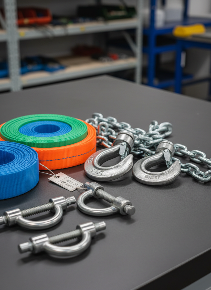 A close-up of a meticulously arranged selection of lifting equipment laid out on a matte dark-gray workbench: polished steel shackles, color-coded synthetic slings, precision-machined hooks, and certified lifting chains with clearly stamped load ratings. Each item has crisp edges and refined textures, from the subtle weave of the webbing to the brushed metal of the hardware. Neutral studio lighting from above creates soft highlights and controlled micro-shadows that define every component without harsh contrast. Shot from a slightly elevated angle using shallow depth of field, the foreground elements are in tack-sharp focus while the background softly blurs. The mood is clinical, technical, and highly professional, conveying quality, compliance, and attention to safety-critical detail with a clean, modern photographic aesthetic.