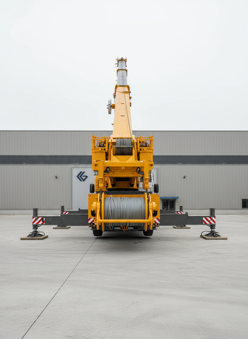 A heavy-duty yellow mobile crane with an extended telescopic boom, articulated outriggers firmly planted on a clean concrete yard, and precision-engineered steel cables neatly spooled on the winch drum. The crane is positioned in front of a modern industrial warehouse with neutral gray cladding and minimal signage. Soft overcast daylight creates even, diffused illumination, highlighting the crane’s contours and subtle reflections on its painted surfaces while casting gentle, controlled shadows beneath. Captured at eye level with a balanced, centered composition and sharp focus throughout, the scene feels stable, professional, and meticulously organized. The photographic realism and clean corporate aesthetic emphasize reliability, safety, and technical excellence in lifting operations.