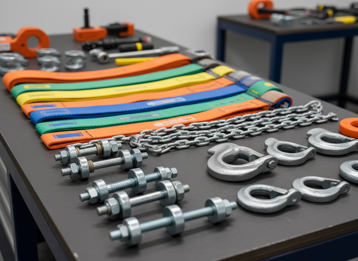 A close-up of a meticulously arranged selection of lifting equipment laid out on a matte dark-gray workbench: polished steel shackles, color-coded synthetic slings, precision-machined hooks, and certified lifting chains with clearly stamped load ratings. Each item has crisp edges and refined textures, from the subtle weave of the webbing to the brushed metal of the hardware. Neutral studio lighting from above creates soft highlights and controlled micro-shadows that define every component without harsh contrast. Shot from a slightly elevated angle using shallow depth of field, the foreground elements are in tack-sharp focus while the background softly blurs. The mood is clinical, technical, and highly professional, conveying quality, compliance, and attention to safety-critical detail with a clean, modern photographic aesthetic.