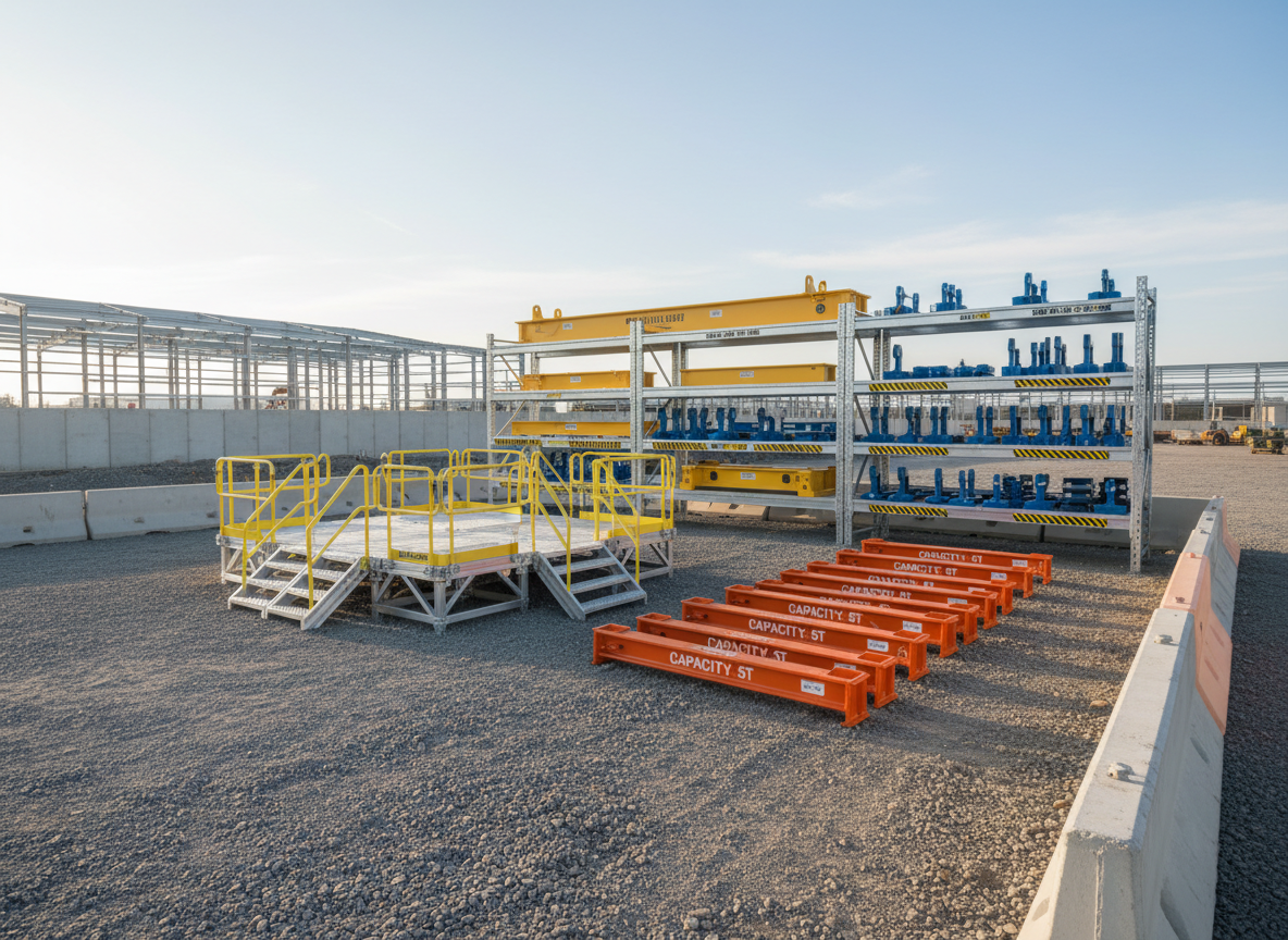 A neatly arranged construction site materials laydown area showcasing specialized access and lifting solutions: modular aluminum access platforms, compact spreader beams stacked in parallel, and labeled storage racks holding lifting beams and attachments. The surface is level compacted gravel bordered by temporary concrete barriers, with a partially constructed steel frame building in the distant, softly blurred background. Late afternoon neutral-toned daylight provides soft, angled illumination that creates subtle, elongated shadows and emphasizes the geometry of each component. Shot from a slightly elevated three-quarter angle, the composition follows the rule of thirds, using the repeating linear forms to convey order and planning. The mood is organized, efficient, and methodical, with a clean, photographic corporate style that underscores safe, well-managed lifting logistics.